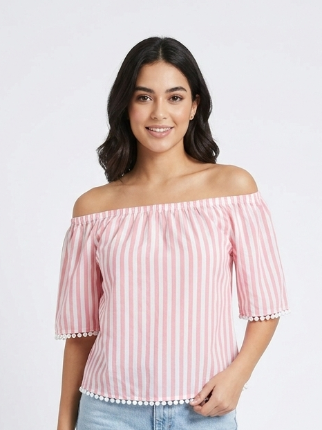 BLUSA BARDOT DE RAYAS CON POMPONES
